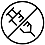 A black line icon of a syringe crossed out inside a circle.