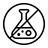 A black and white icon of a laboratory flask with a line through it, signifying chemical-free.