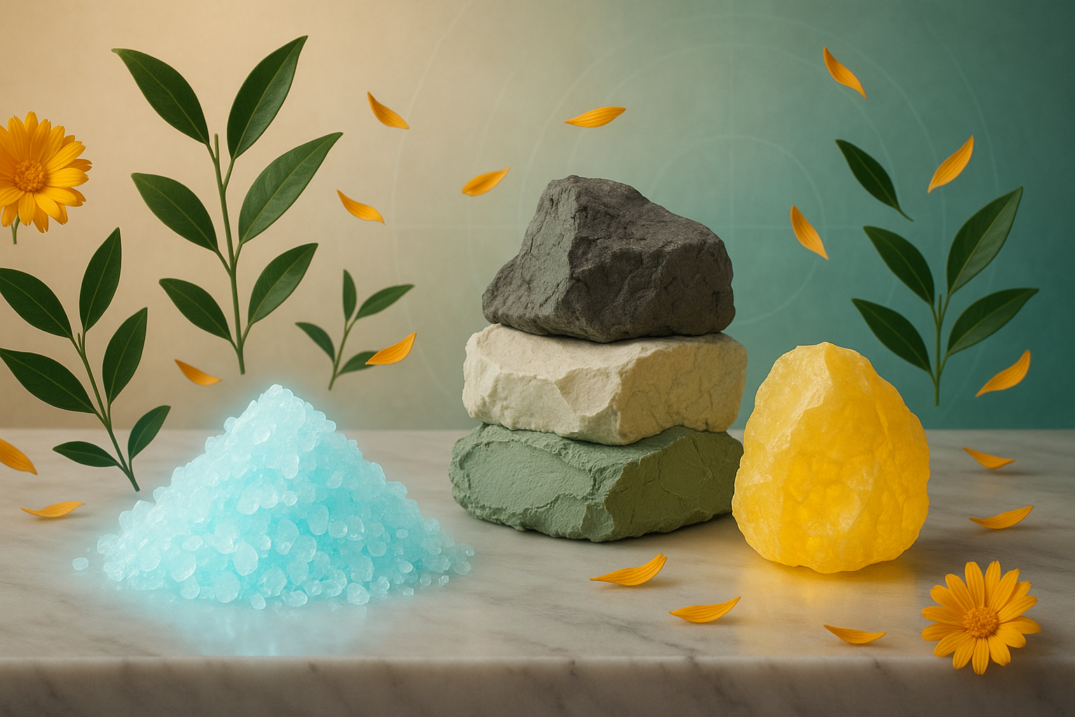 Stacked stones, blue crystals, yellow rock, green leaves, yellow flower and petals on a marble surface.