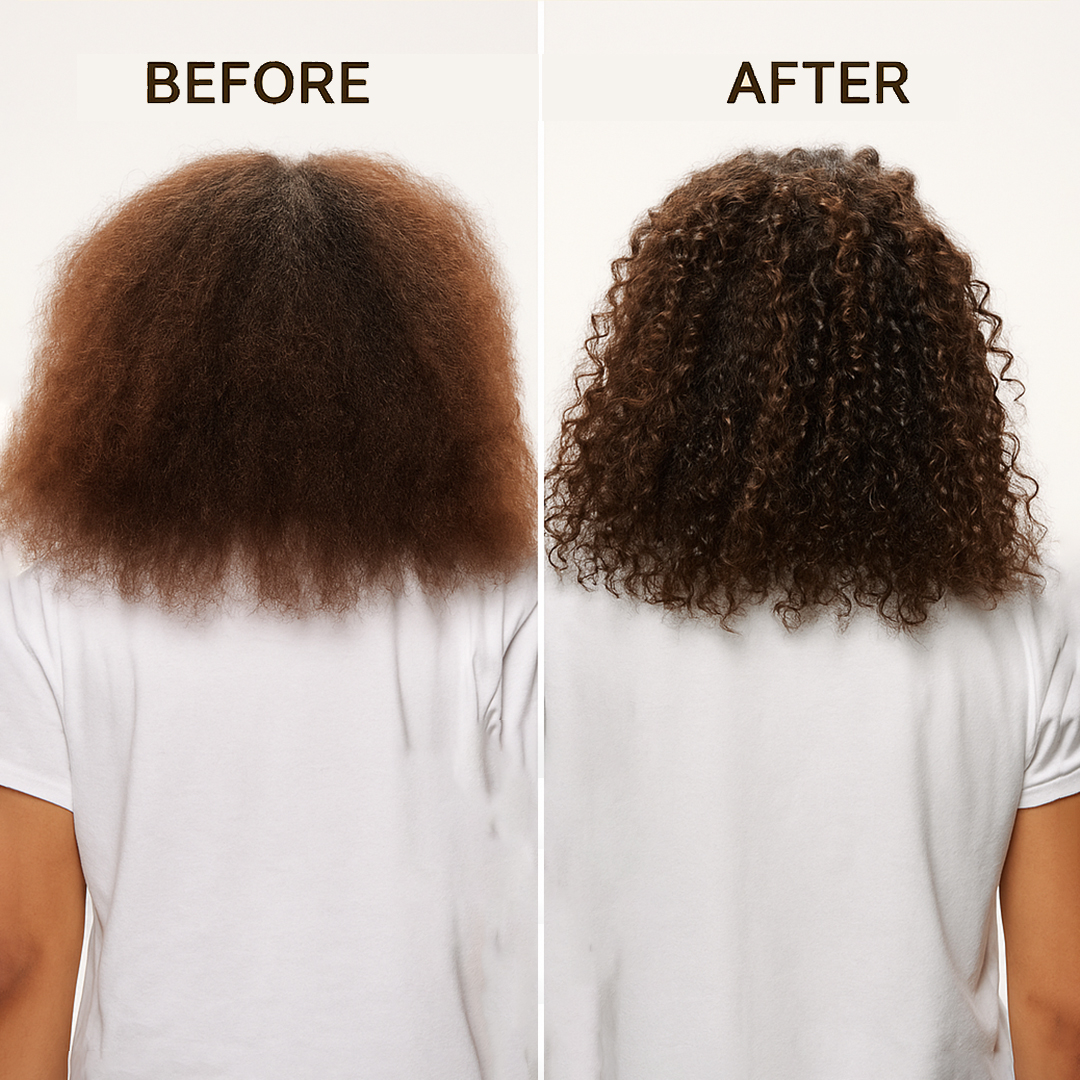 Comparison of frizzy and curly hair, labeled 'Before' and 'After'.