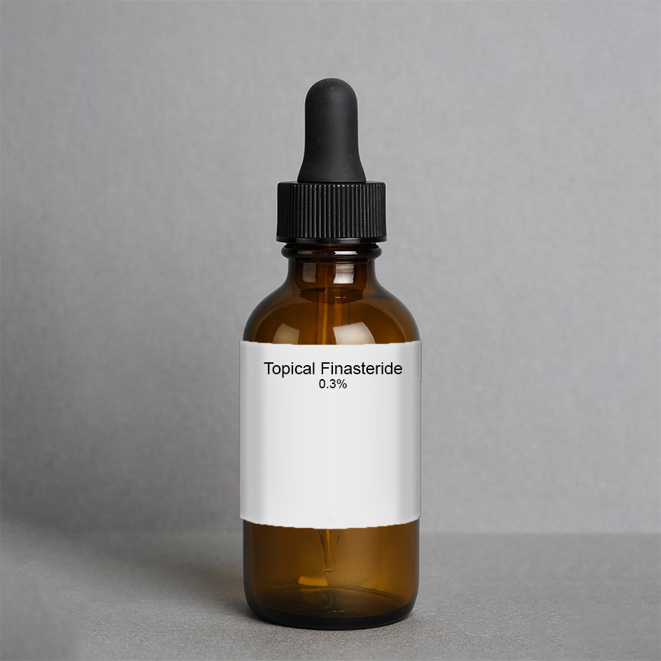 Brown glass bottle labeled 'Topical Finasteride 0.3%' with a dropper cap.