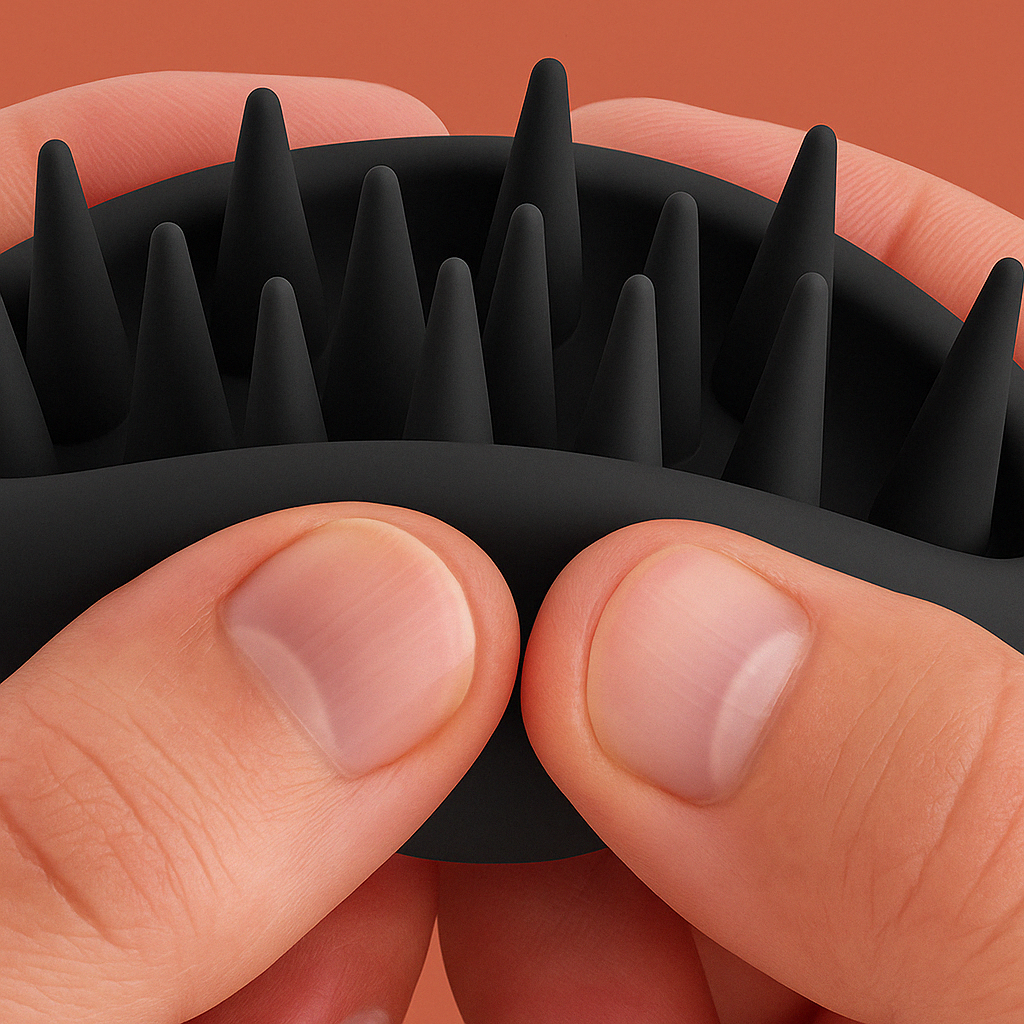 Fingers holding a black silicone scalp massager with spikes.