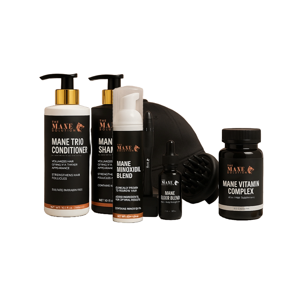 Collection of hair care products including shampoo, conditioner, and supplements.