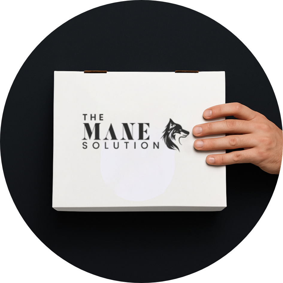 Hand holding a white box with 'The Mane Solution' logo featuring a wolf.