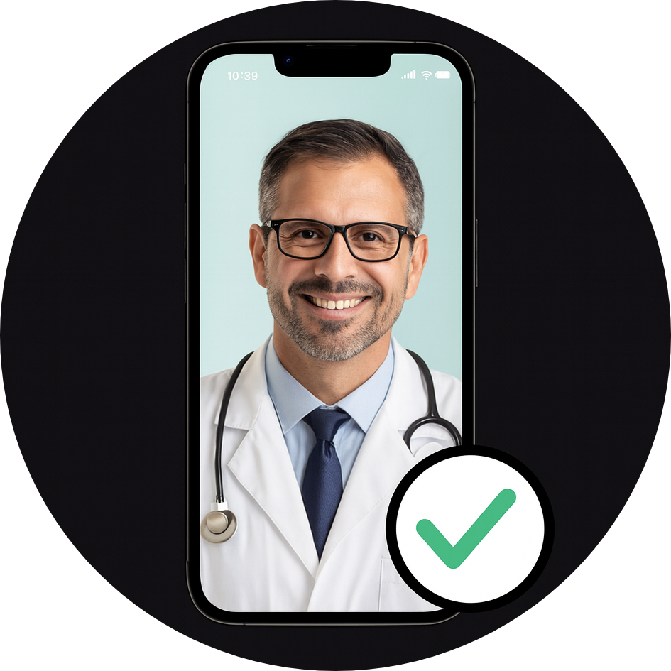 Smartphone displaying a smiling doctor with a stethoscope and a green checkmark icon.