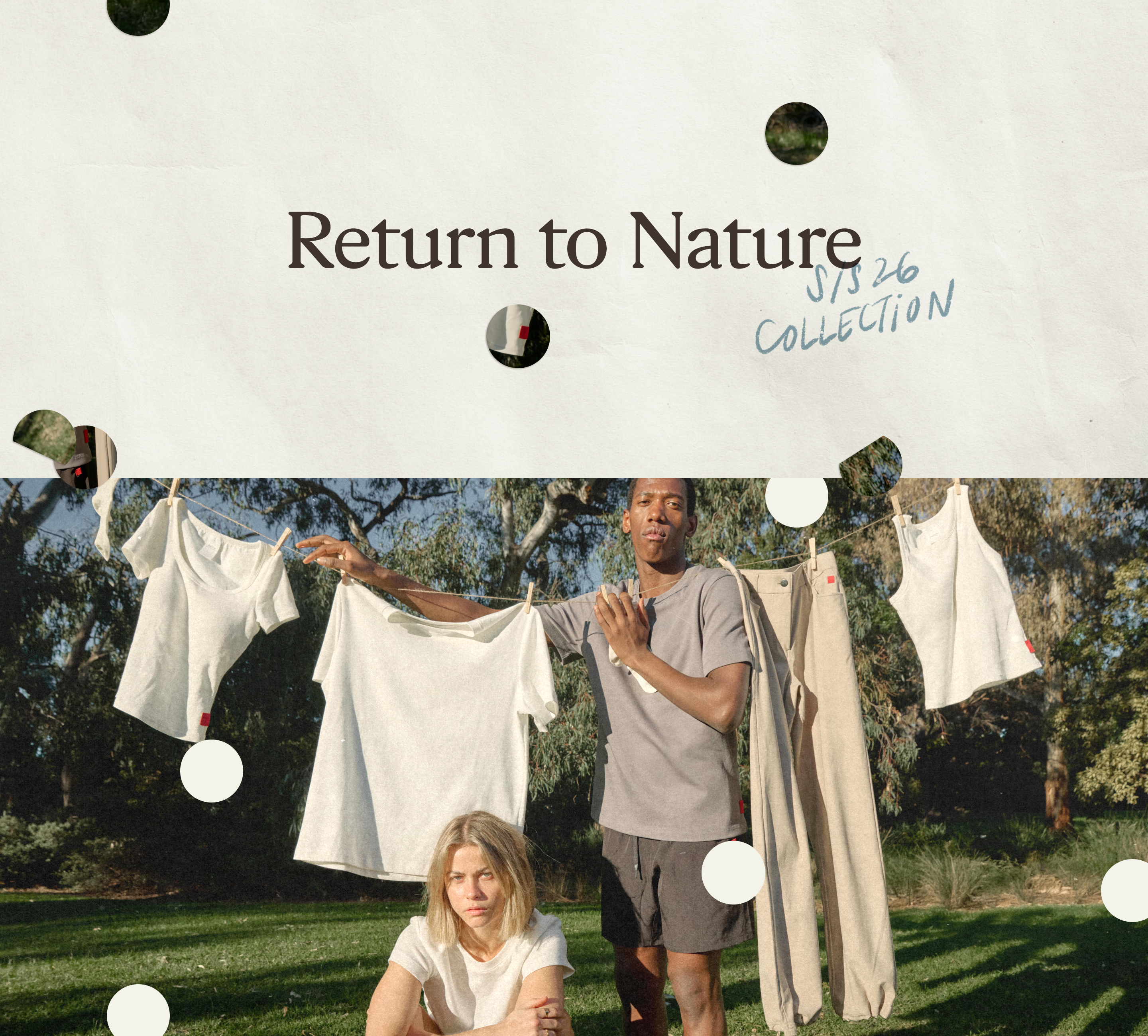 Two people outdoors with clothes hanging on a line, text reads 'Return to Nature'.