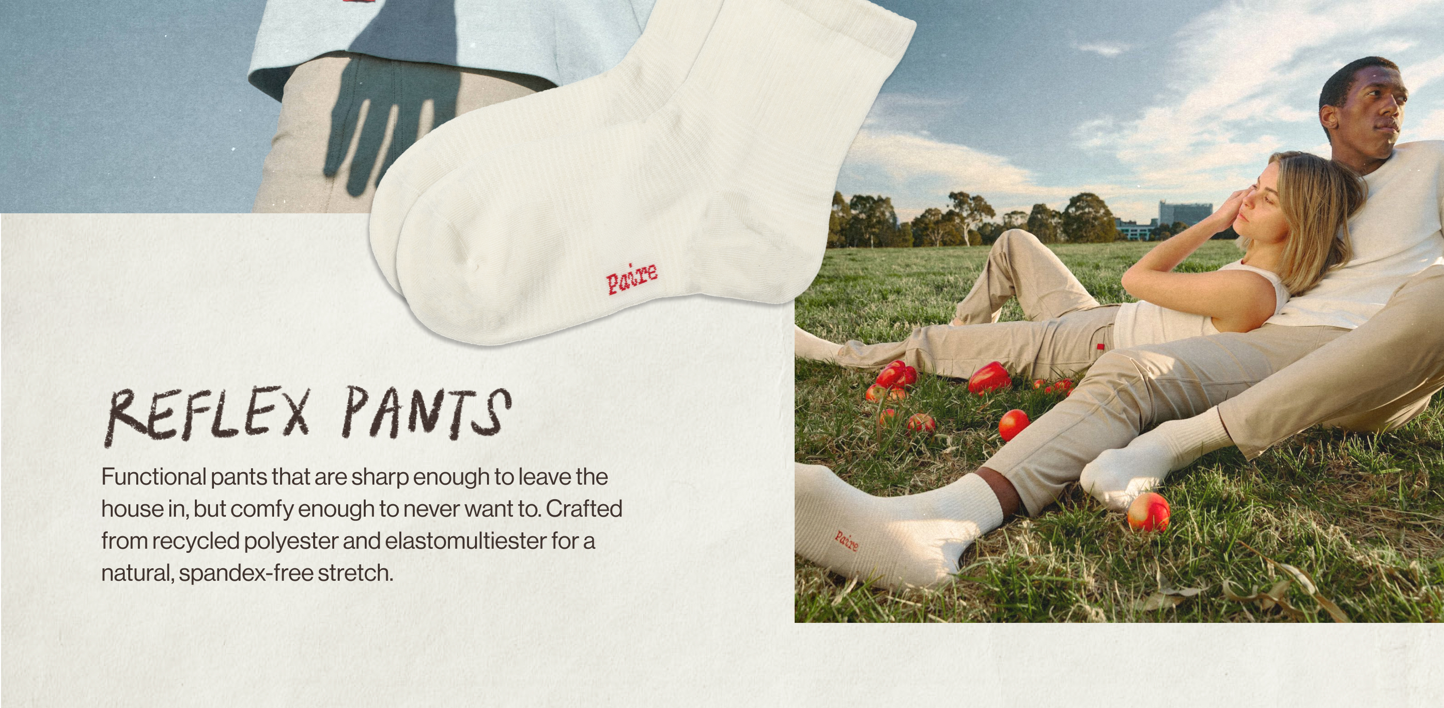 Two people relaxing on grass, surrounded by tomatoes, wearing beige pants and white socks.