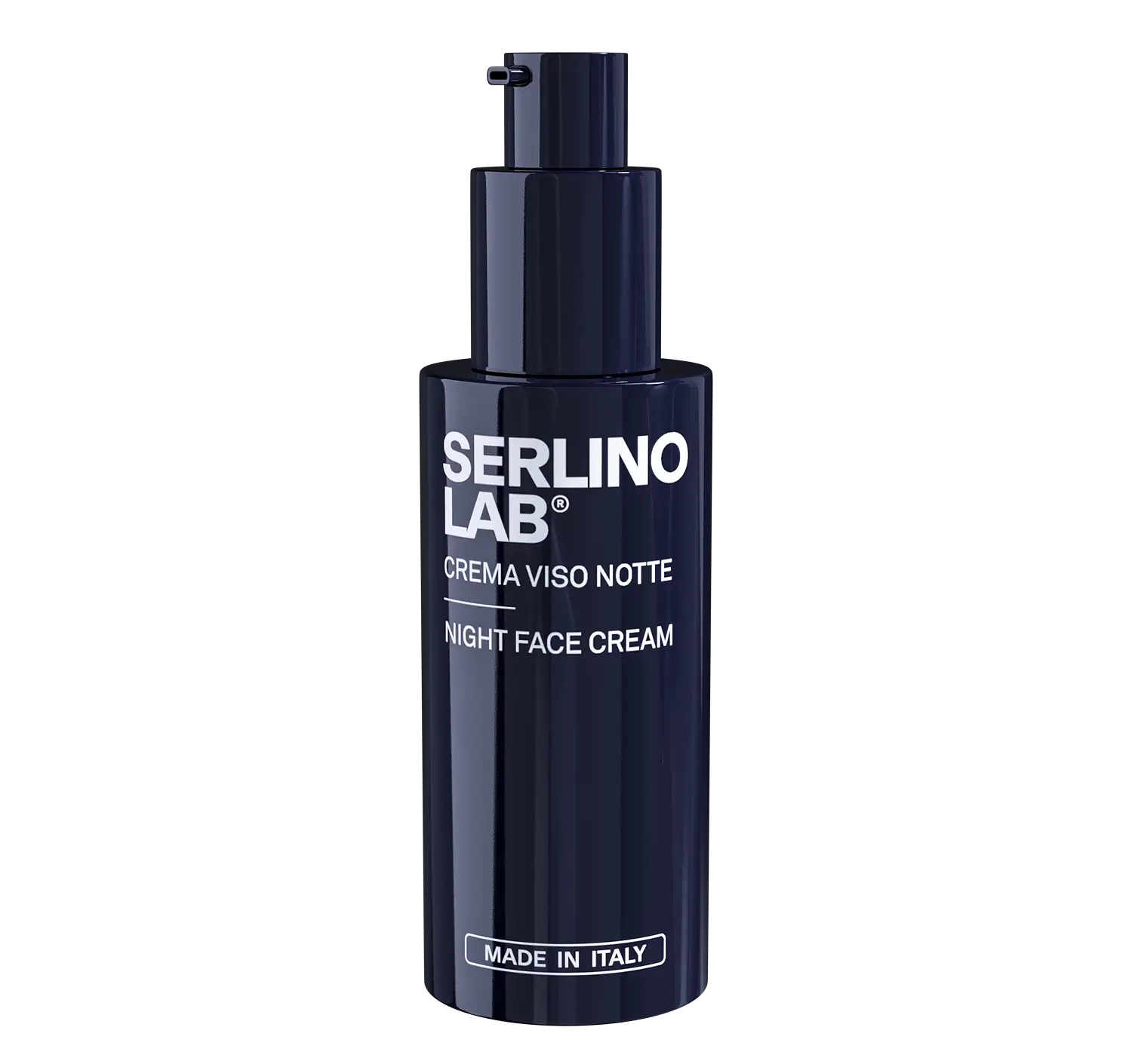 Dark bottle labeled 'Serlino Lab Night Face Cream', made in Italy.