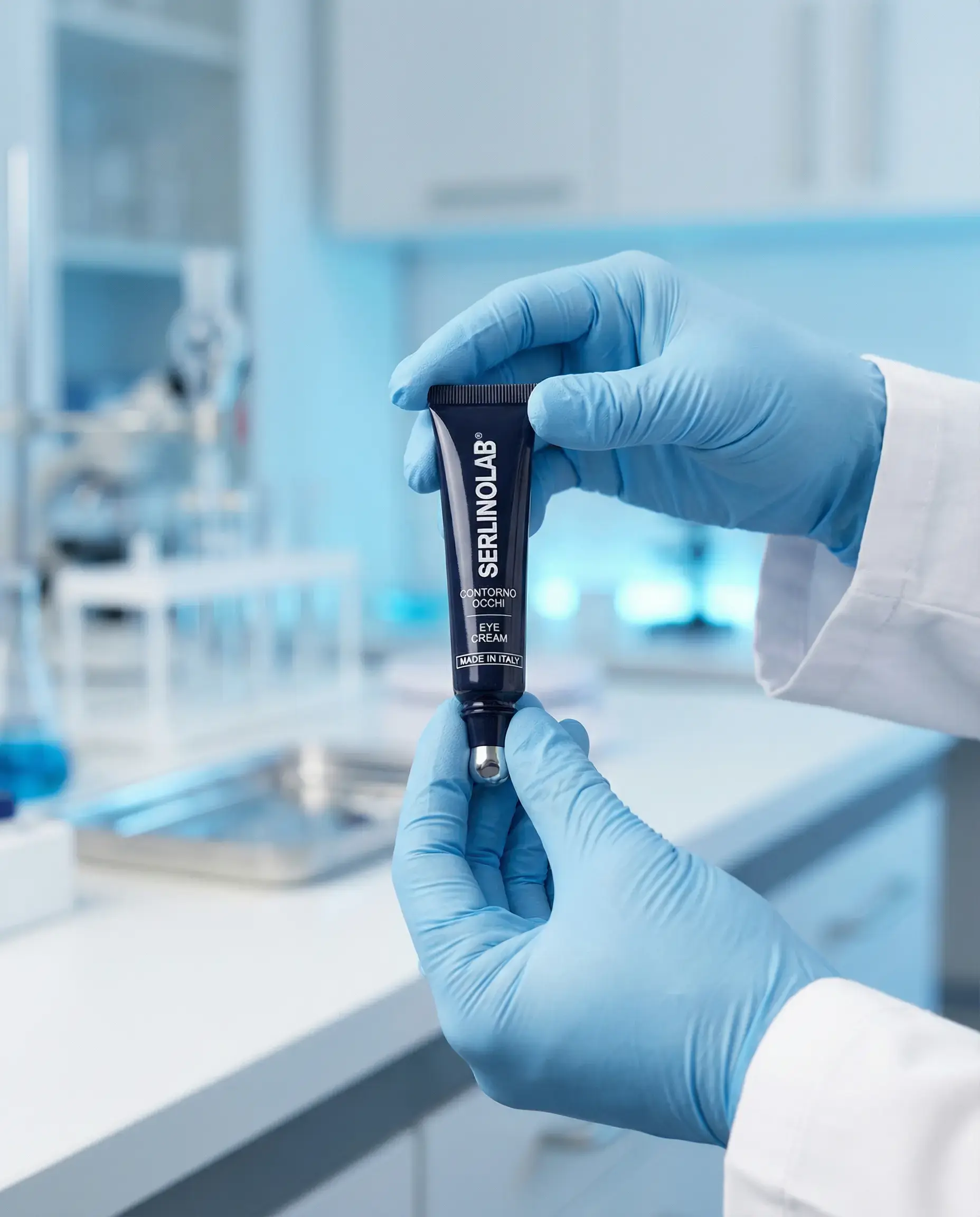 A person in a lab coat and blue gloves holds a small black tube of eye cream.