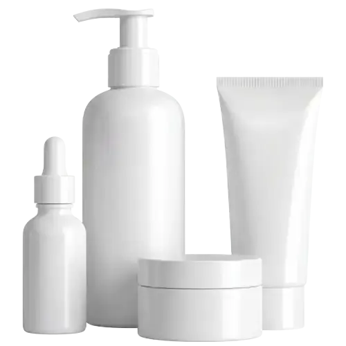 A collection of four unbranded, white skincare product containers on a green background.