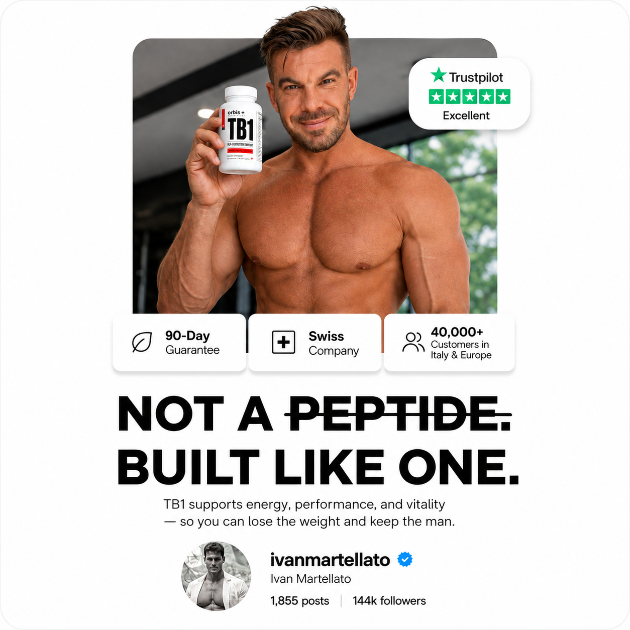 An advertisement showing a muscular man holding a bottle of orbis+ TB1 supplements.