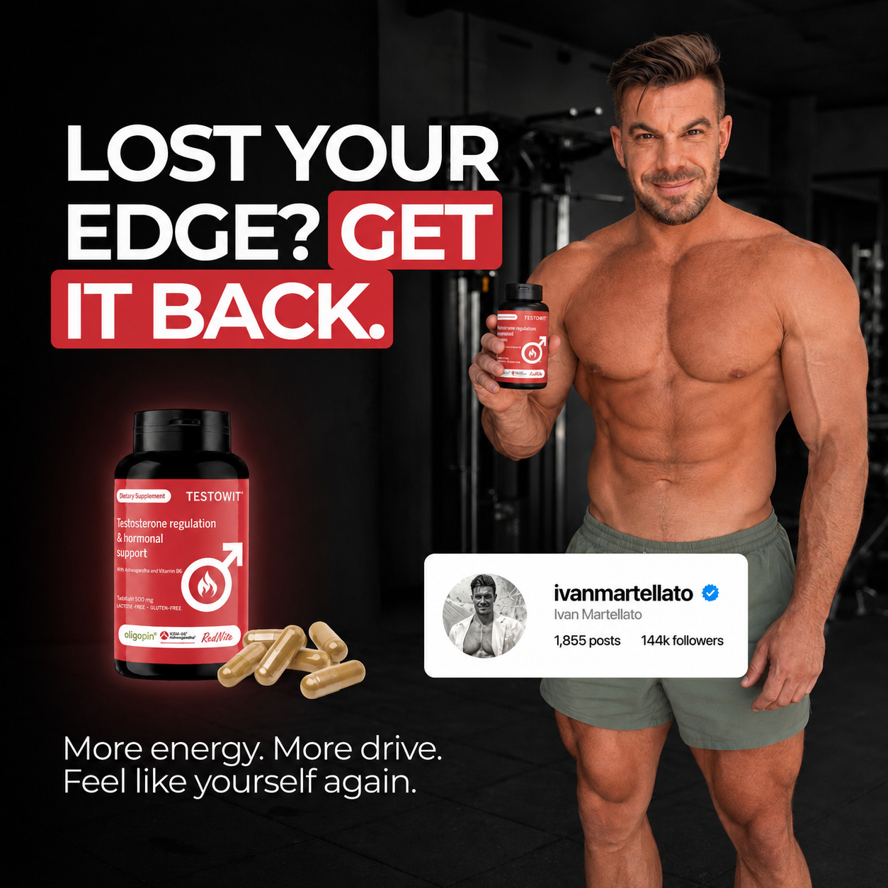 A muscular man in a gym holds a bottle of Testowit, a testosterone regulation and hormonal support supplement.