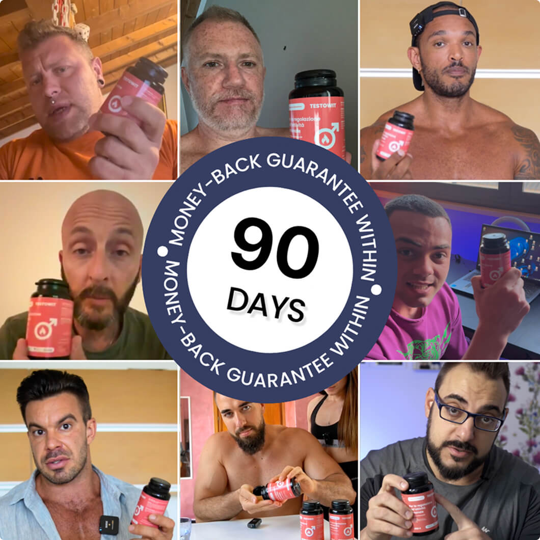 A collage of men holding a product bottle, with a "90-Day Money-Back Guarantee" sticker in the center.