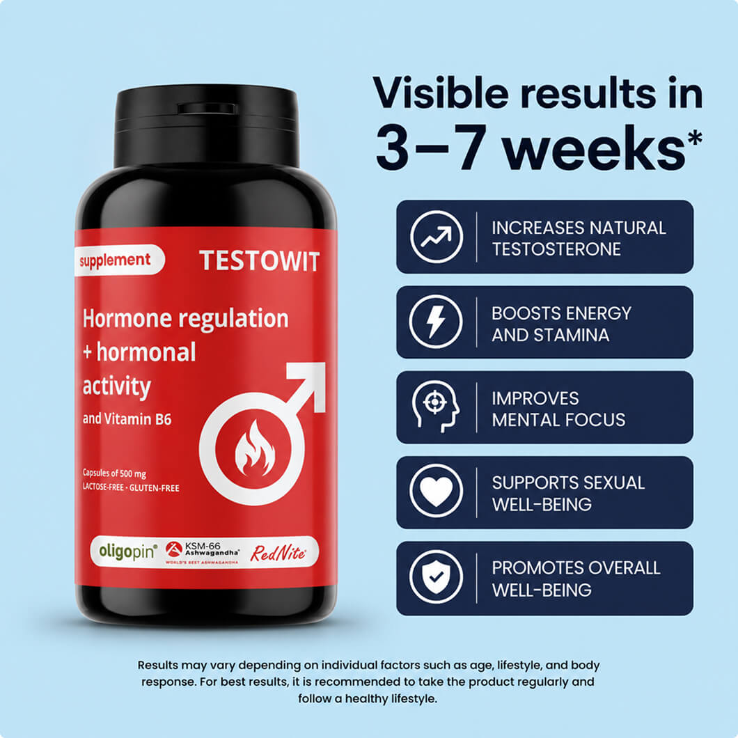 An advertisement for the Testowit supplement showing the bottle and a list of its benefits on a blue background.
