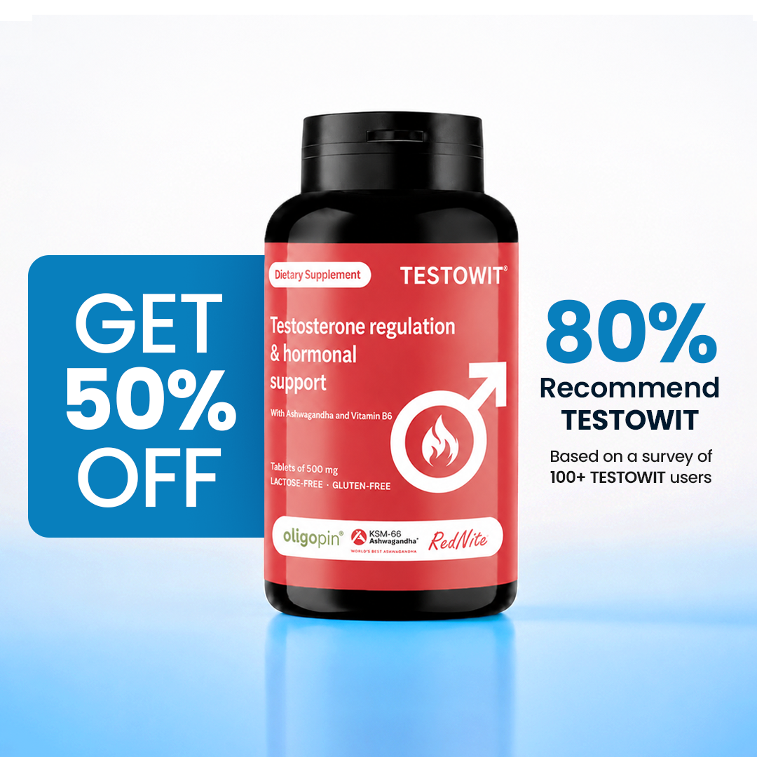 A promotional image for the TESTOWIT dietary supplement, showing a bottle, a 50% off offer, and an 80% recommendation rate.