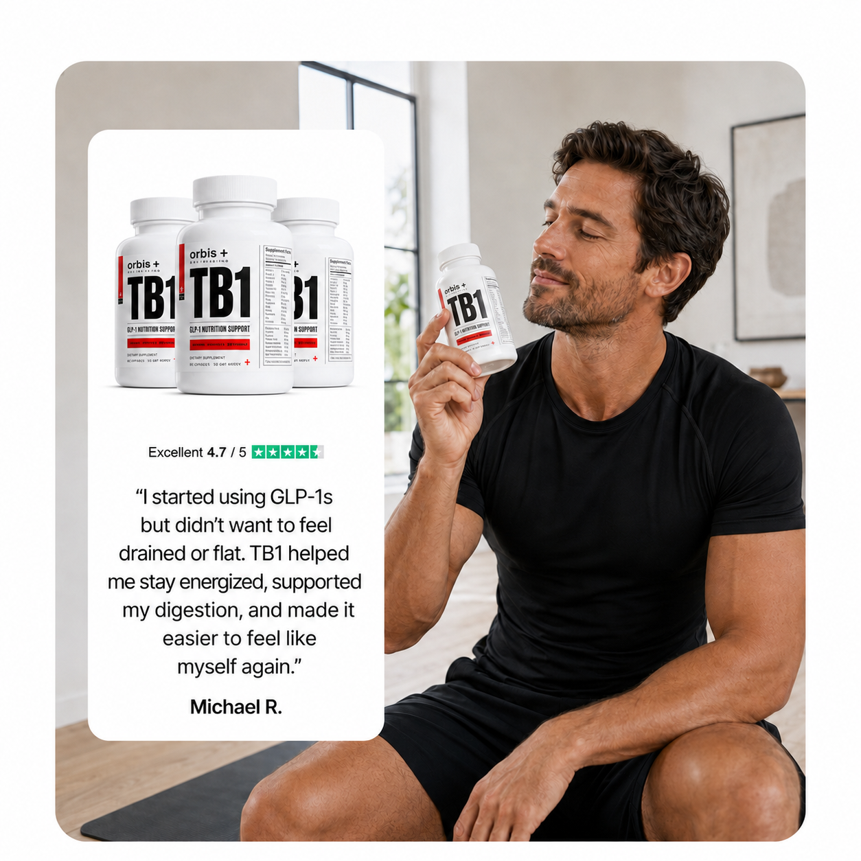 A man in athletic wear holds a bottle of orbis+ TB1 supplements next to a positive customer review.