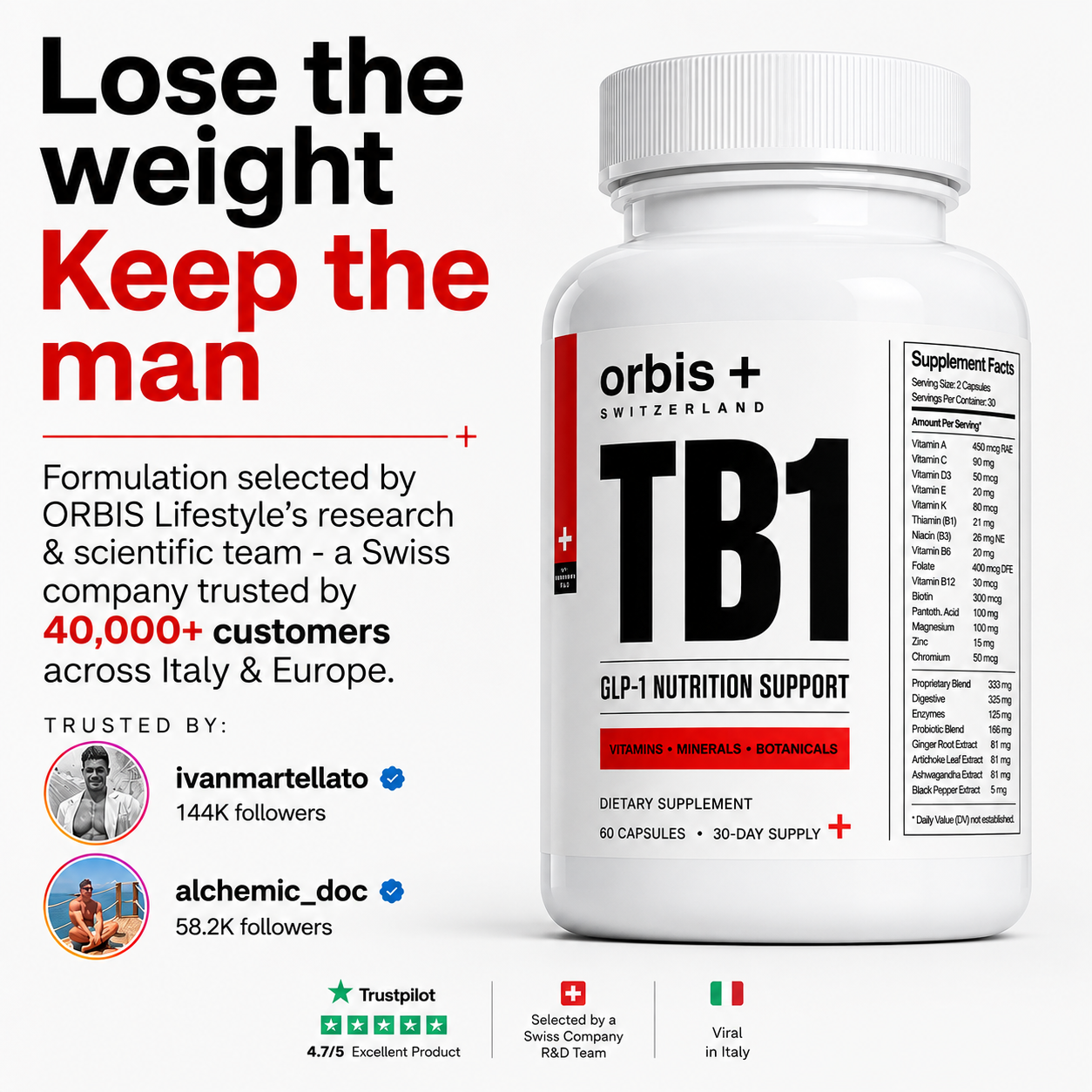 An advertisement for Orbis TB1 dietary supplement, featuring the product bottle next to promotional text and testimonials.