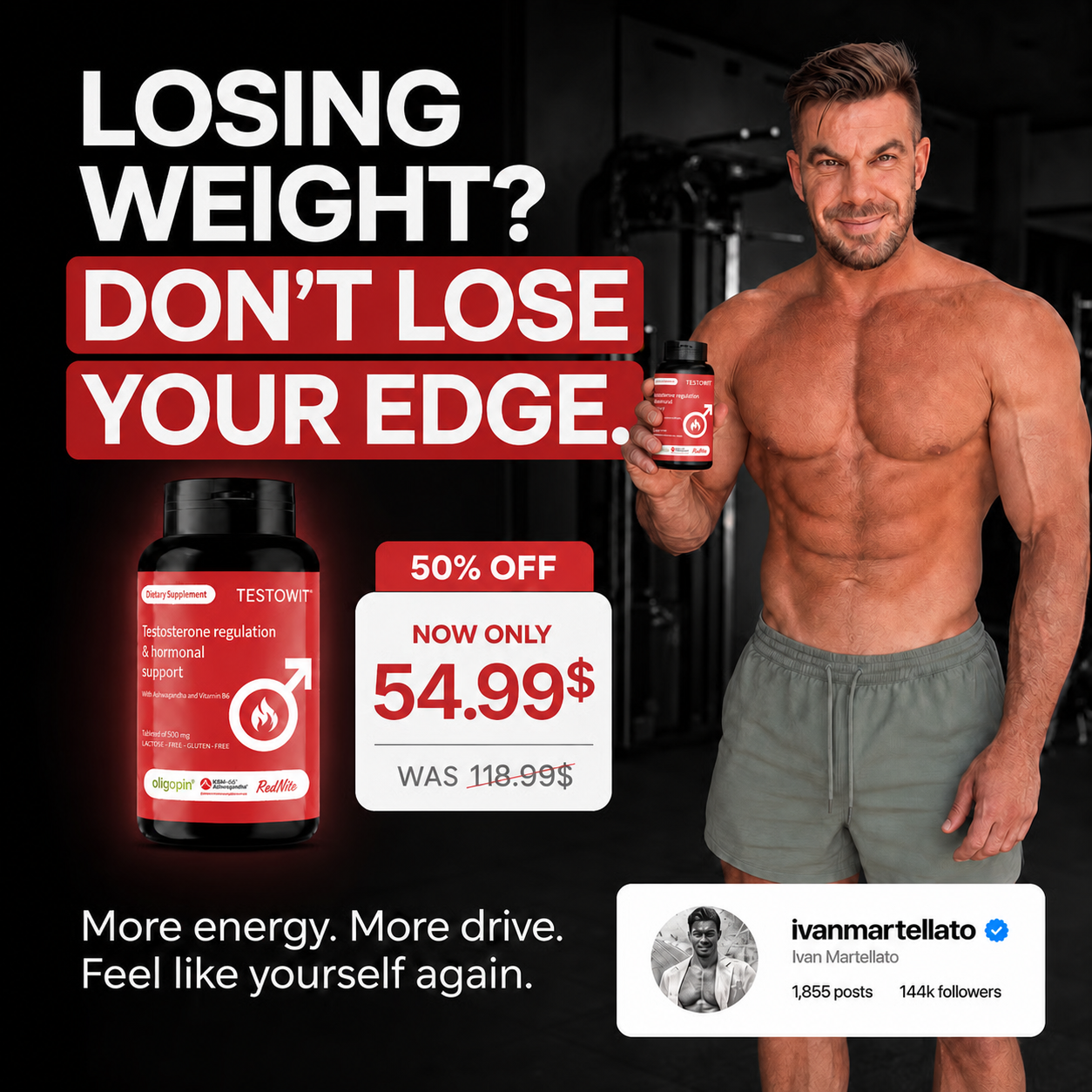 An advertisement showing a muscular man in a gym holding a bottle of Testowit dietary supplements.