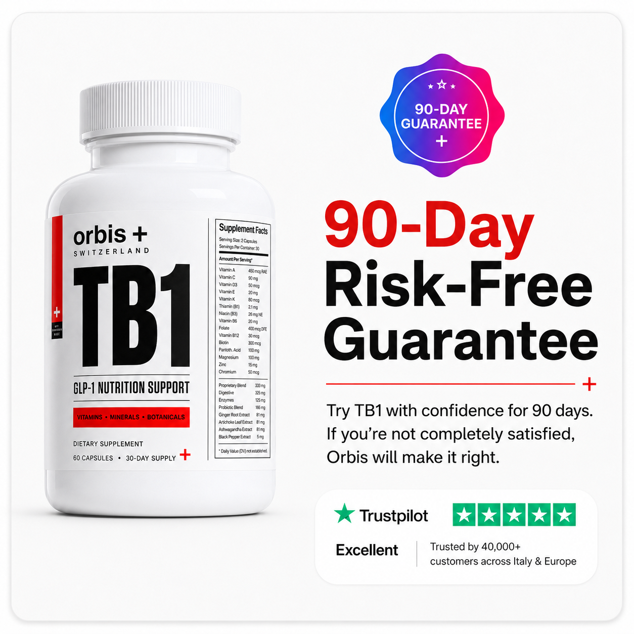 A bottle of Orbis TB1 supplements shown next to a 90-day risk-free guarantee and Trustpilot rating.
