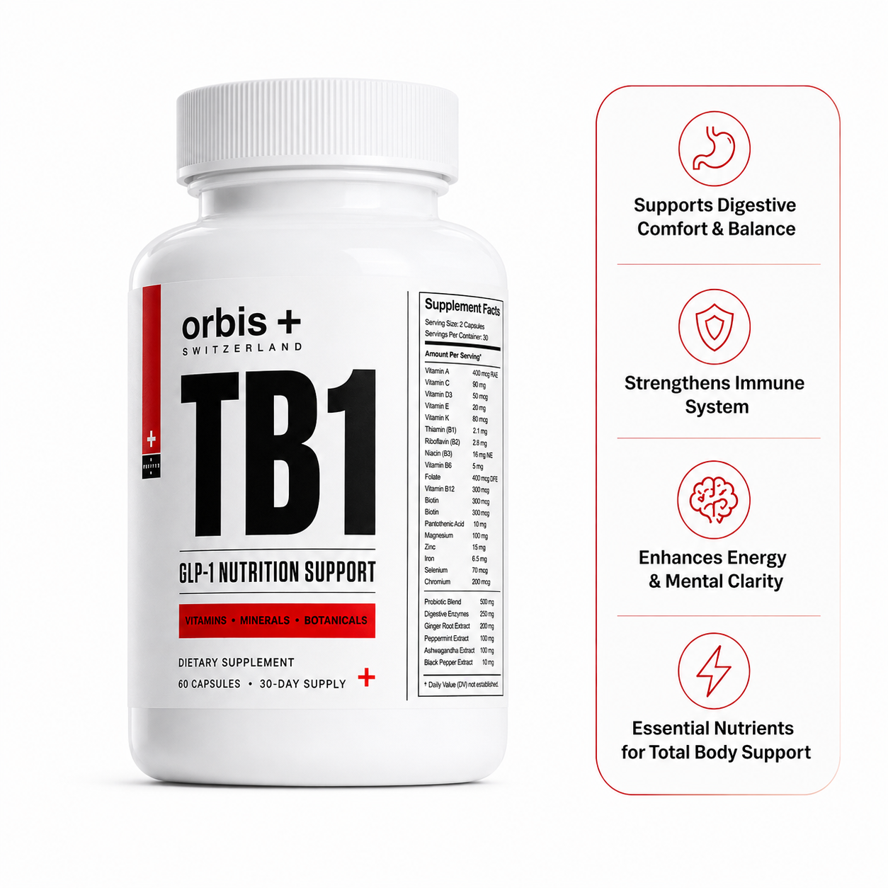 A white bottle of orbis+ TB1 GLP-1 Nutrition Support, with a list of its health benefits to the right.