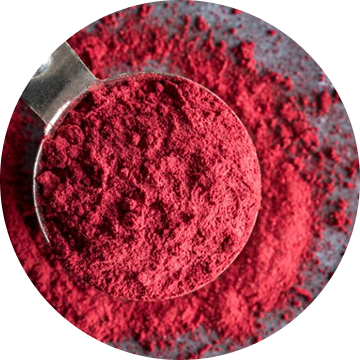 Spoonful of red powder on a gray surface.