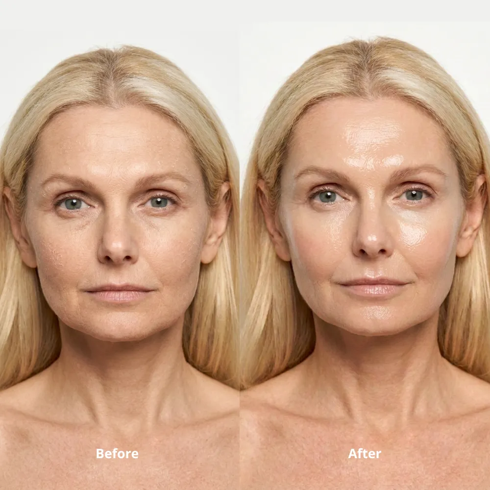 A side-by-side image showing a woman's face labeled 'Before' and 'After,' with the after image showing more radiant skin.