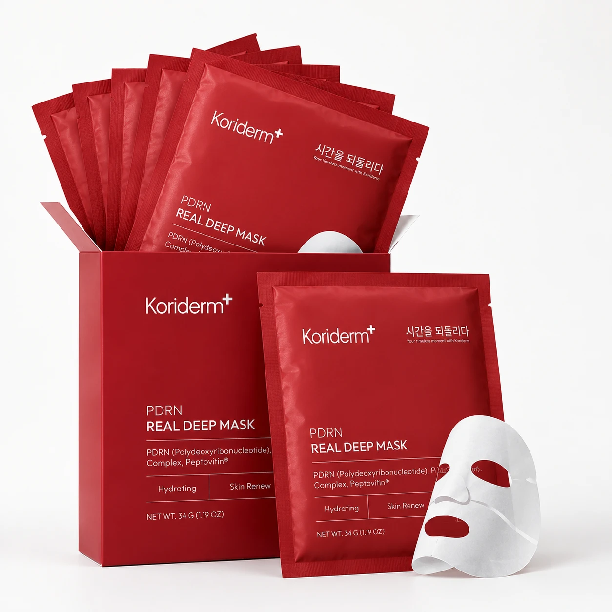 A red box of Koriderm+ PDRN Real Deep Masks with packets and an unfolded sheet mask displayed.