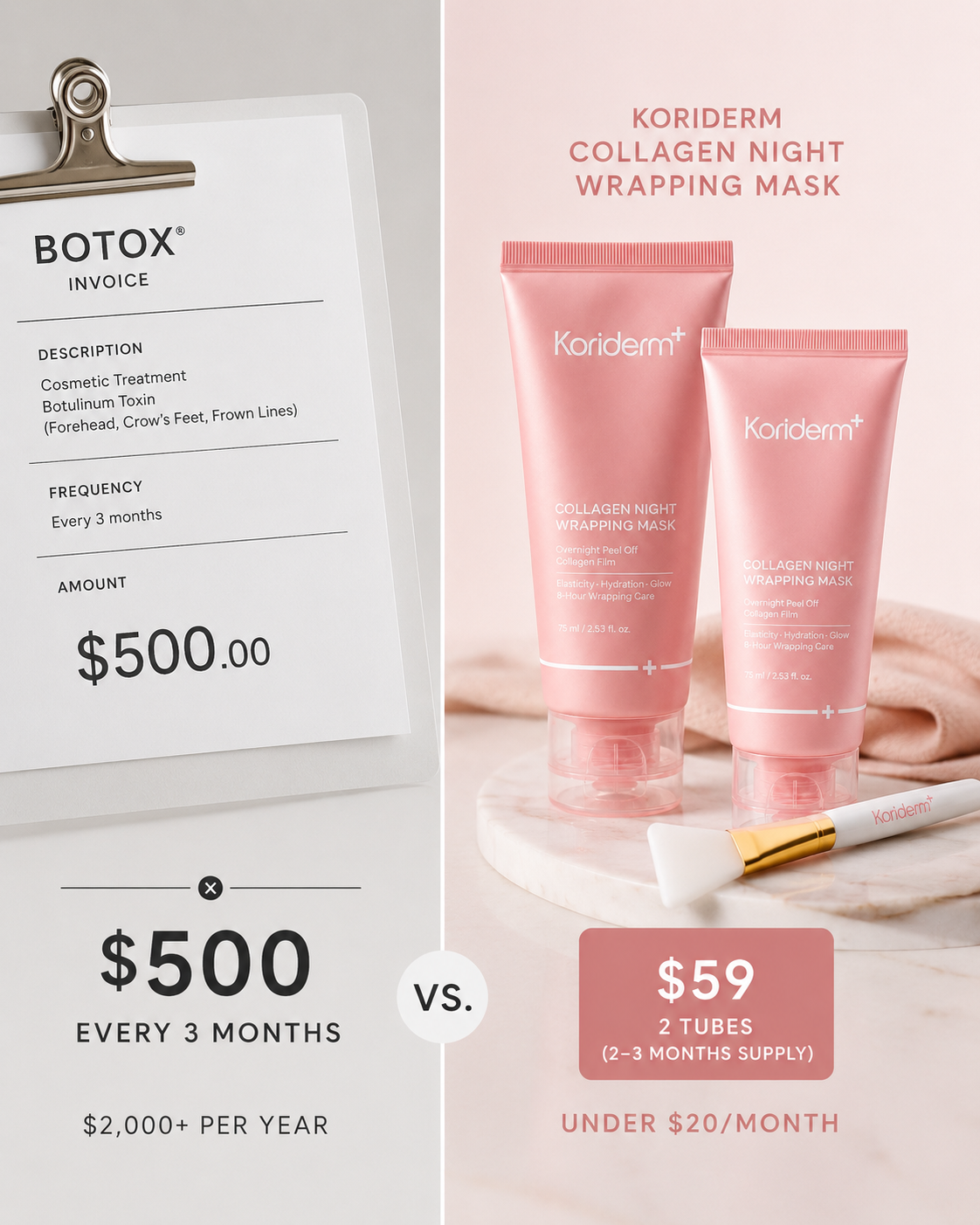 An advertisement comparing the cost of a Botox invoice to Koriderm Collagen Night Wrapping Mask.