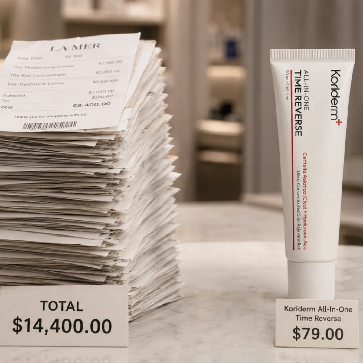 A large stack of receipts totaling $14,400.00 next to a Koriderm skincare product priced at $79.00.
