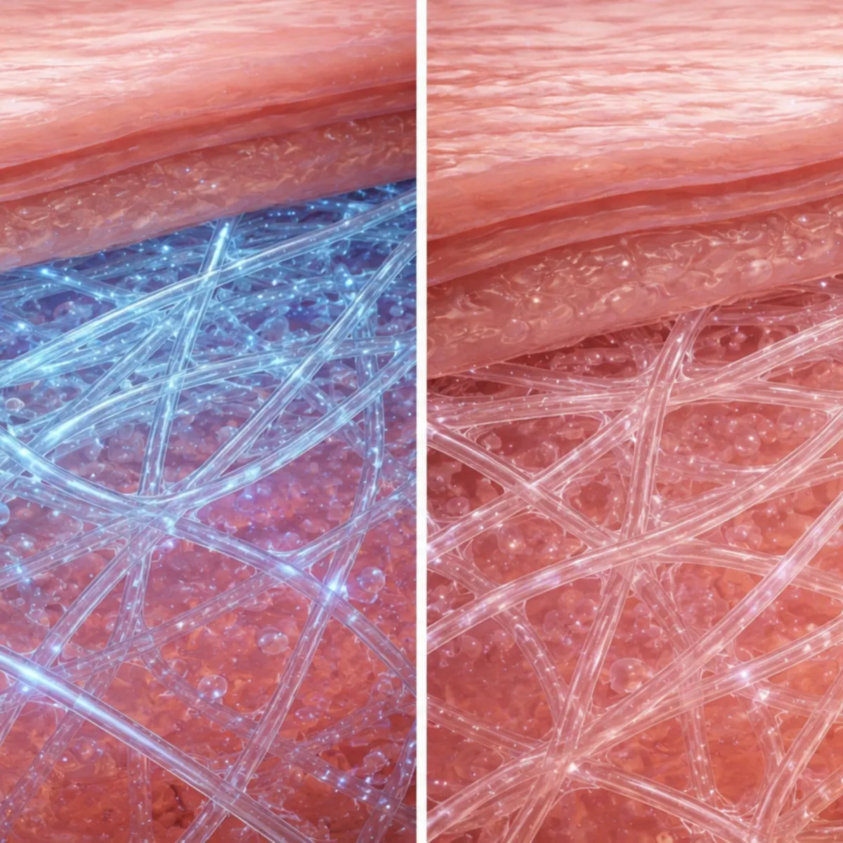 A side-by-side illustration of a skin cross-section, showing a dense blue network versus a sparse translucent one.