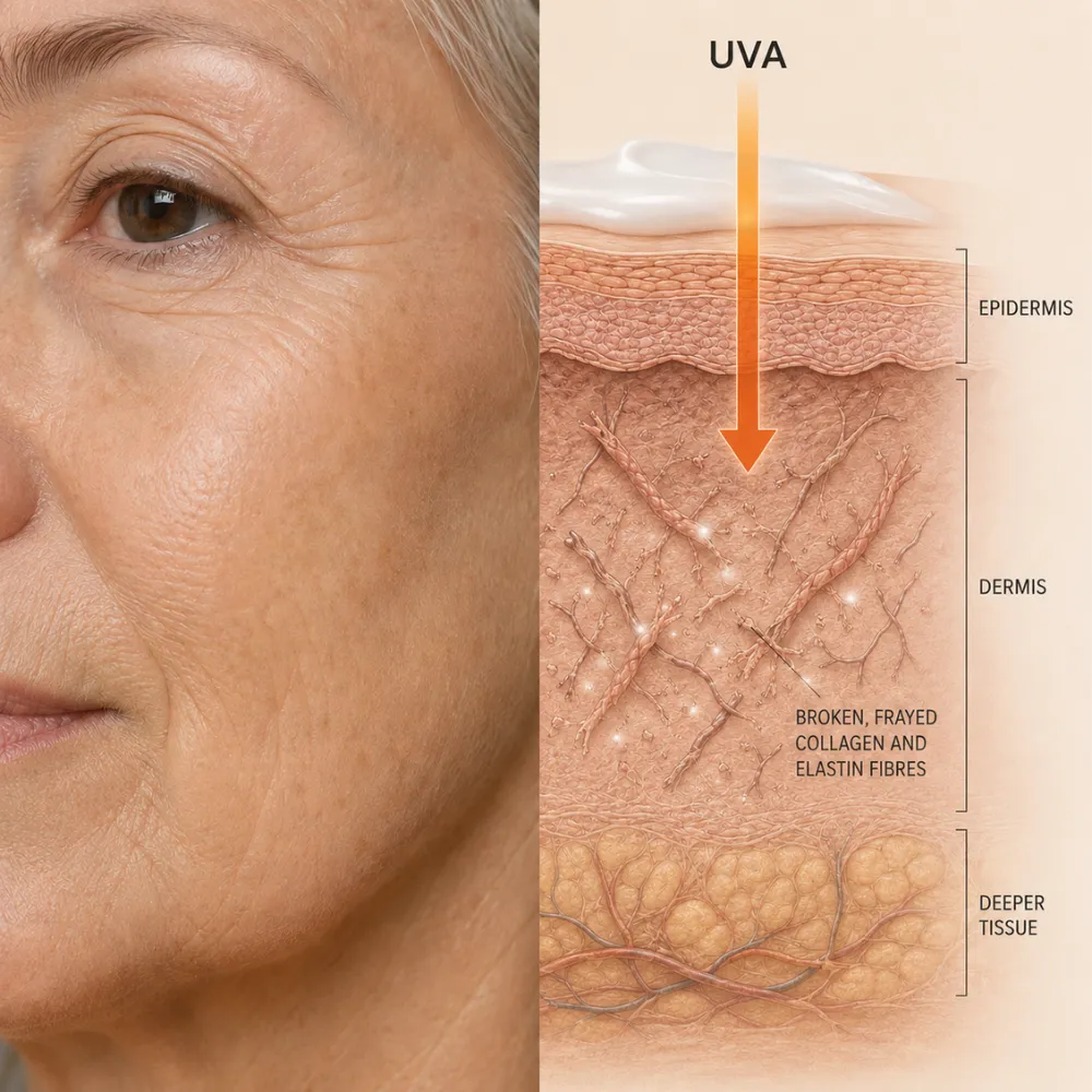 An illustration showing how UVA rays damage skin, next to a close-up photo of an older woman's face.
