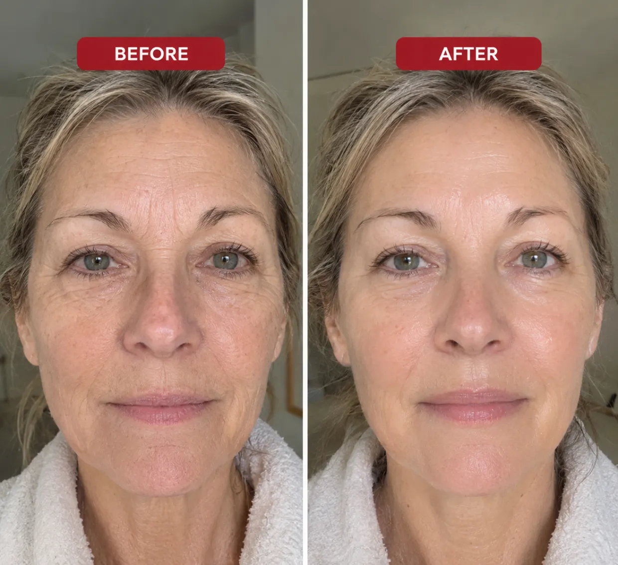 A before-and-after comparison of a woman's face, showing a reduction in the appearance of fine lines.