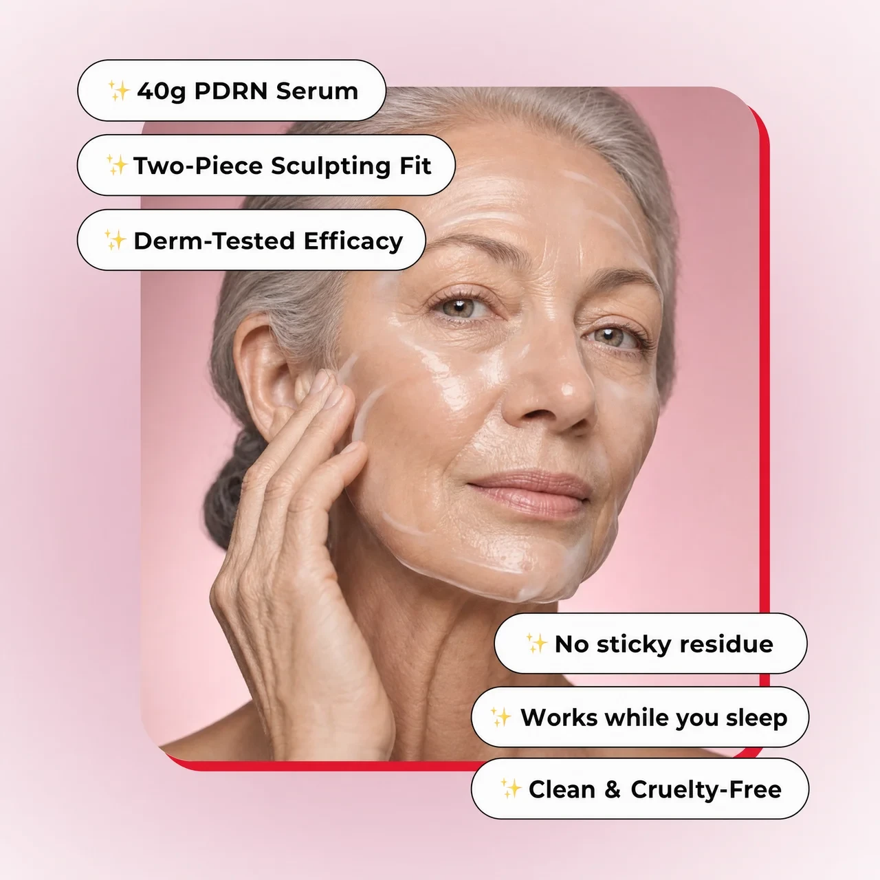 An older woman with grey hair applies a clear, gel-like face mask to her cheek.