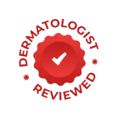 A red seal with a white checkmark in the center that reads 'Dermatologist Reviewed'.