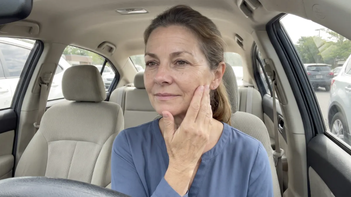 A woman in a blue shirt sits in the driver's seat of a car, touching her cheek.