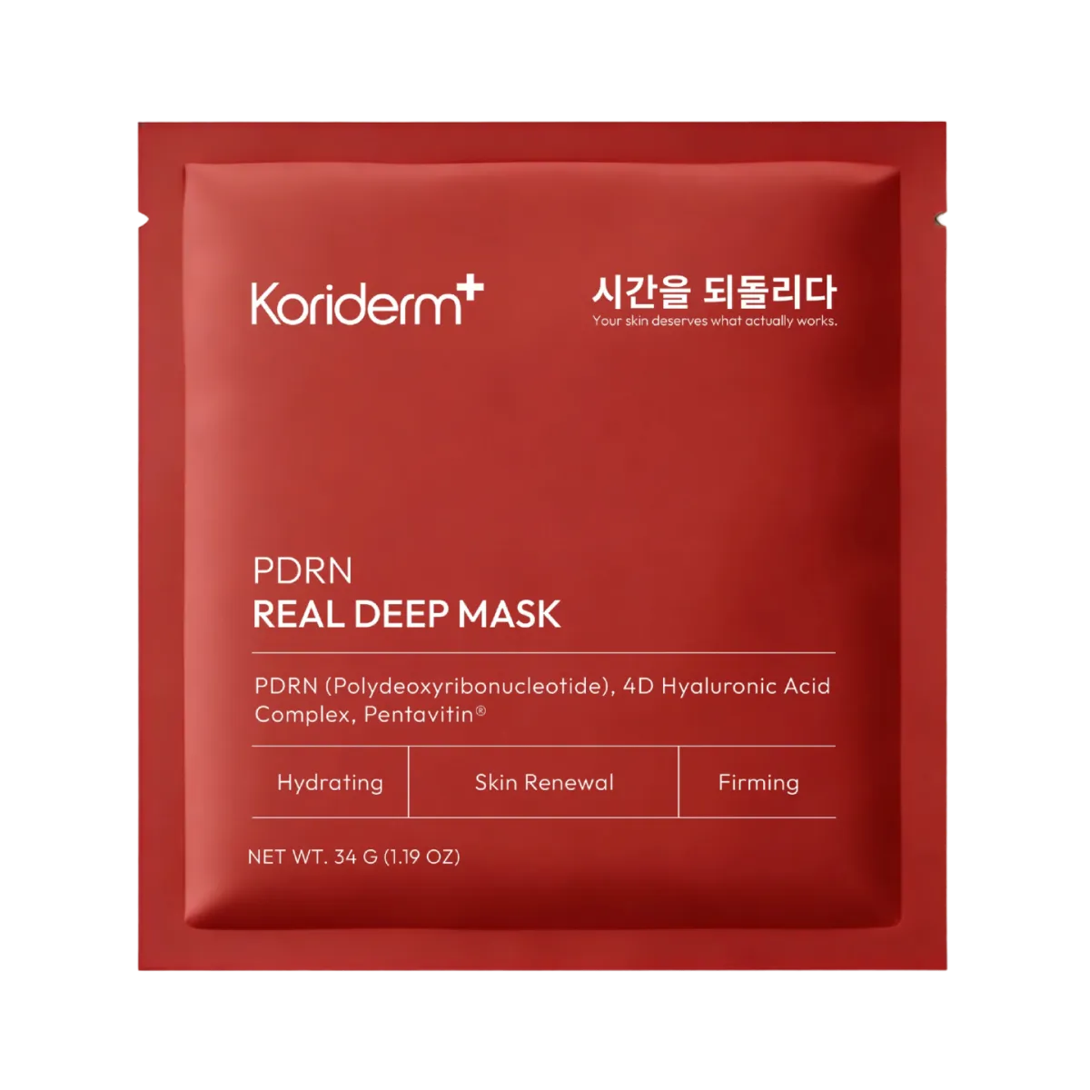 A red, square packet of Koriderm+ PDRN Real Deep Mask against a white background.