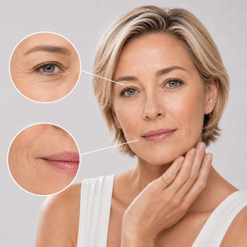 A woman's face with magnified insets showing close-ups of wrinkles around her eyes and mouth.