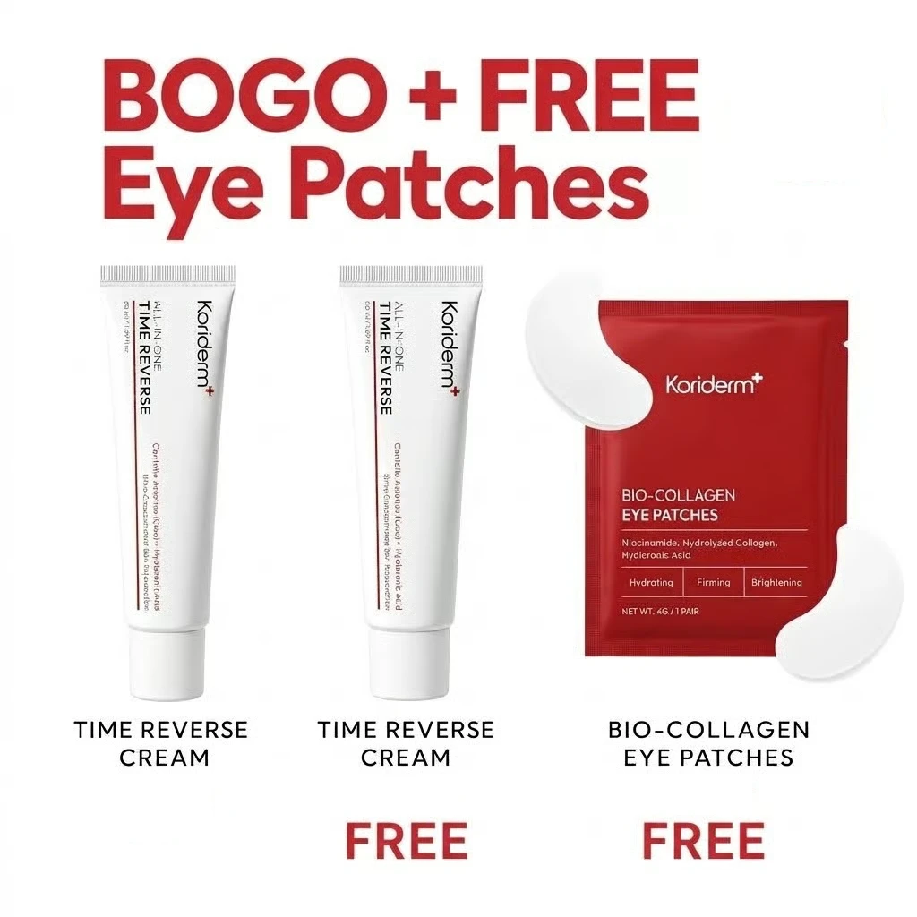 An advertisement for Koriderm skincare showing a BOGO deal on Time Reverse Cream with free eye patches.