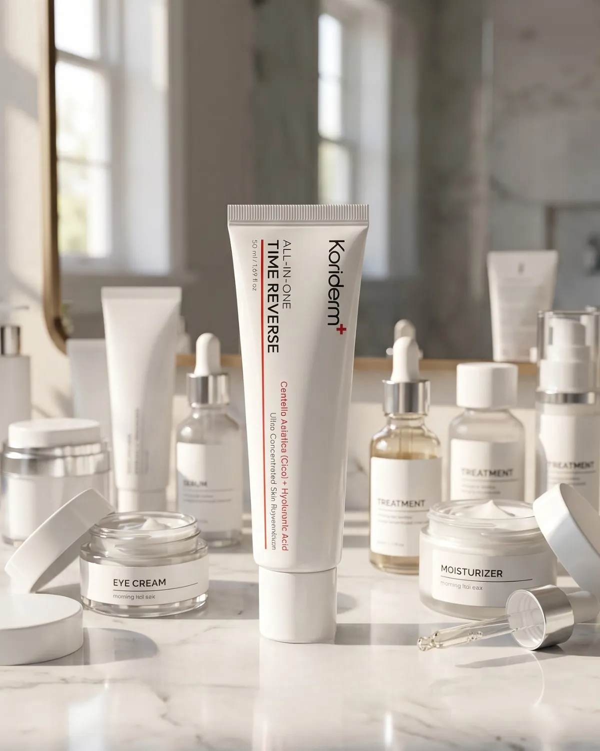A collection of skincare products in minimalist white packaging arranged on a marble countertop.