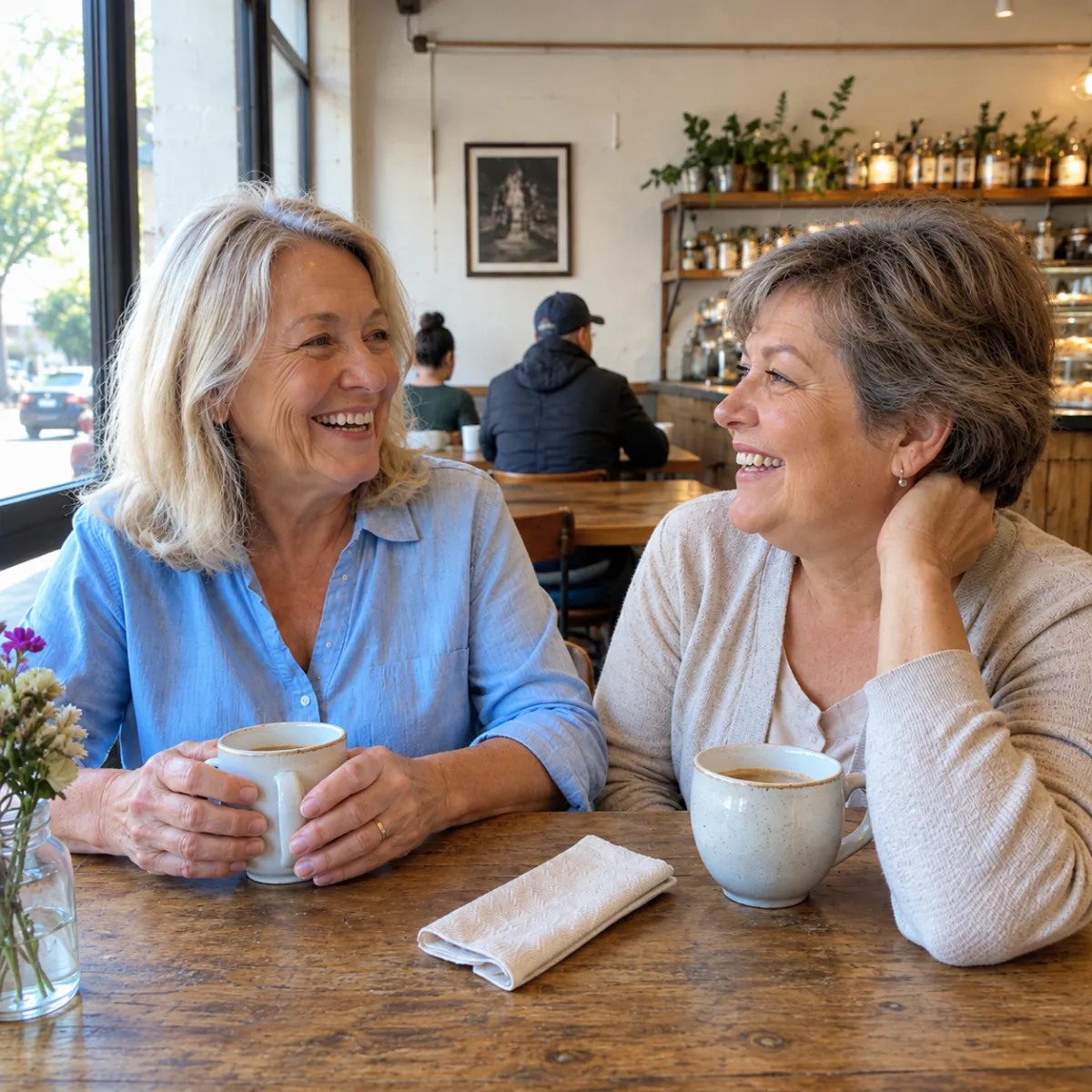 Two older women sit smiling and talking at a table in a coffee shop.