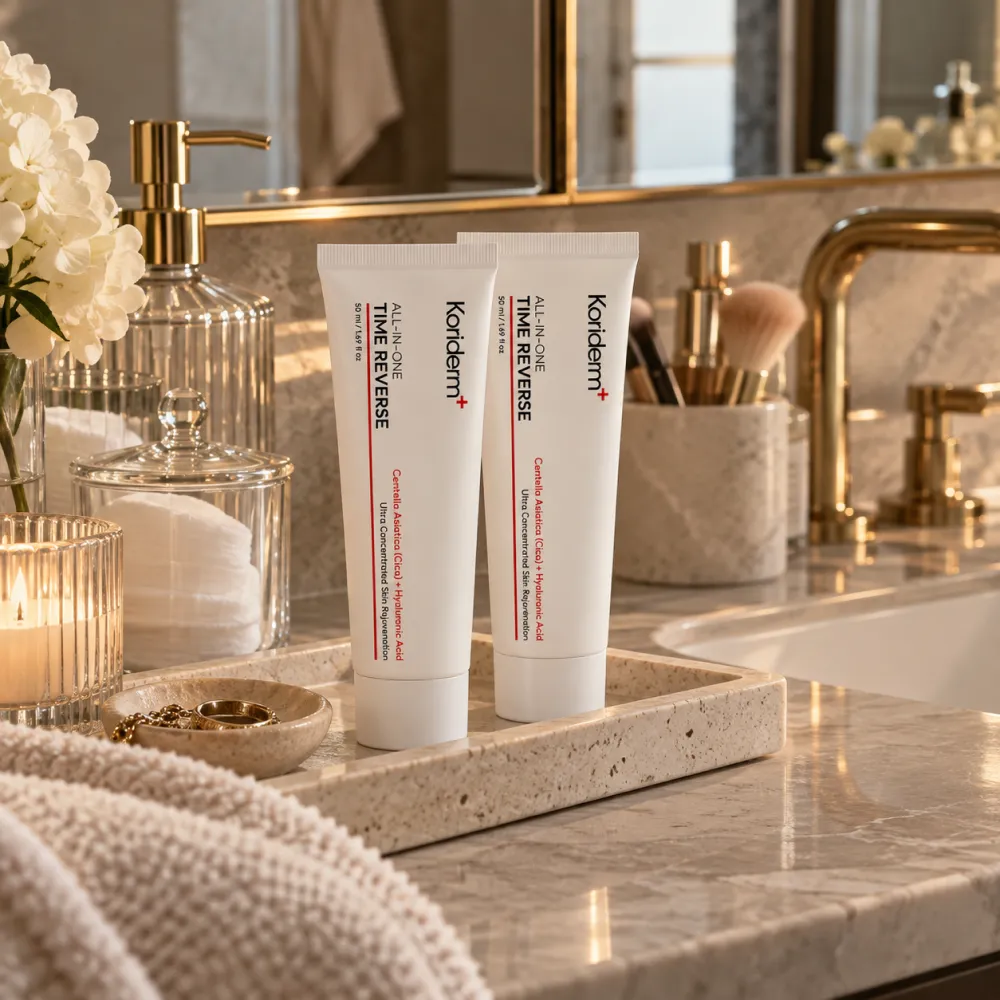 Two tubes of Koriderm+ skincare cream sitting on a tray on a marble bathroom counter.