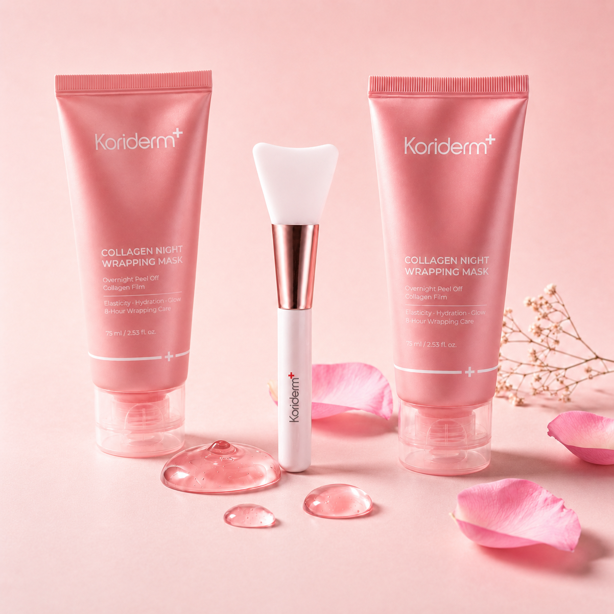Two tubes of Koriderm+ Collagen Night Wrapping Mask, an applicator brush, and petals on a pink background.