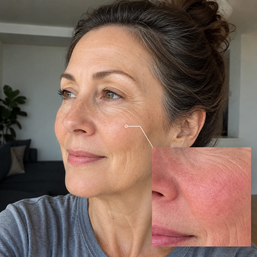 A woman's face with a magnified inset showing a close-up of the skin on her cheek.