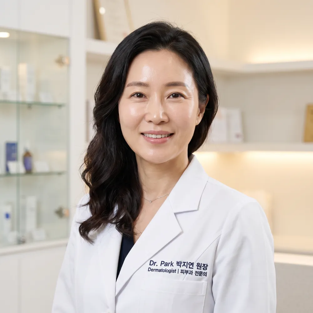 A smiling woman with dark hair wearing a white lab coat stands in a brightly lit office.