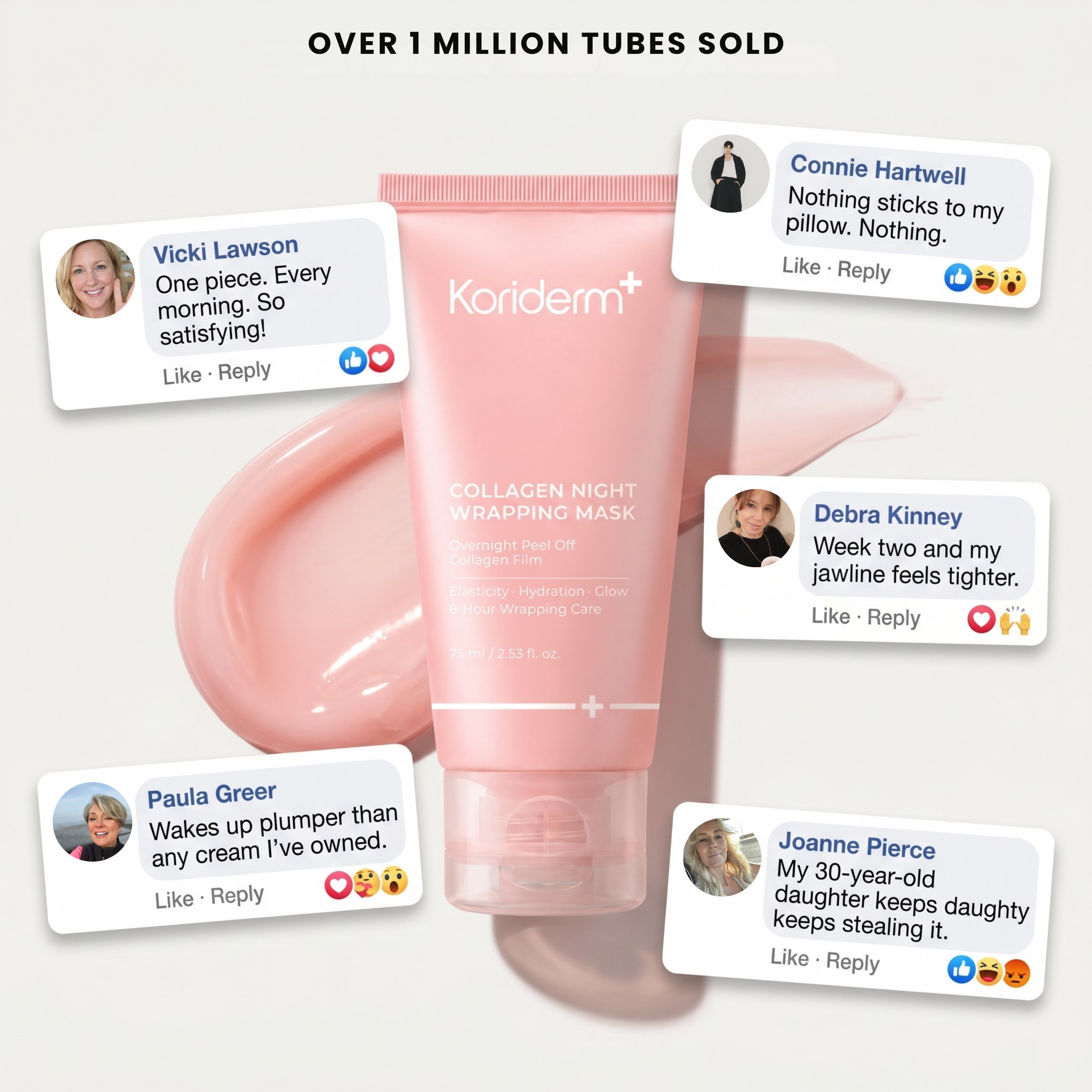 An advertisement for Koriderm+ Collagen Night Wrapping Mask featuring a product tube and customer testimonials.