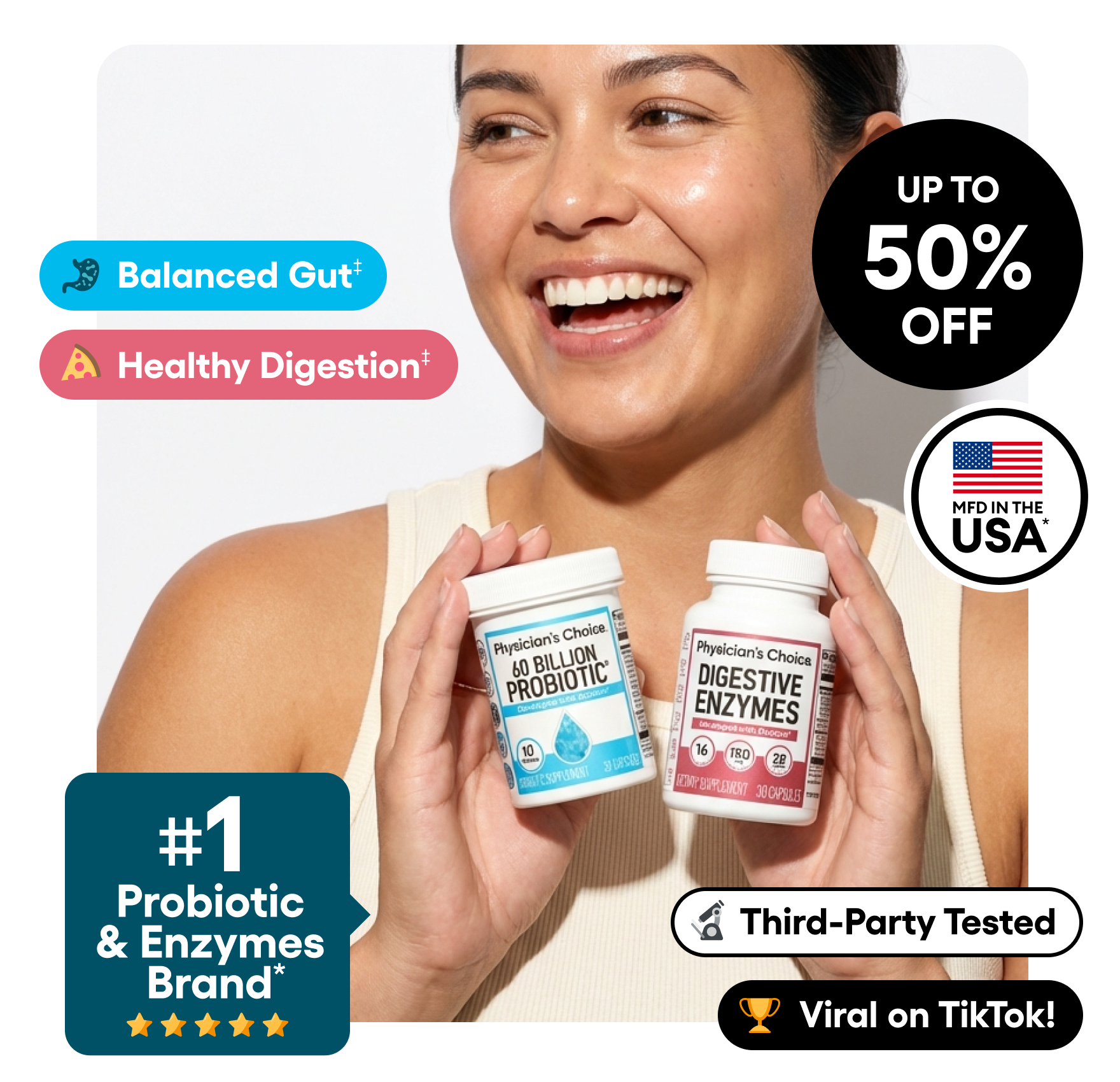 Three bottles of Physician's Choice digestive health supplements against a white background with promotional badges.