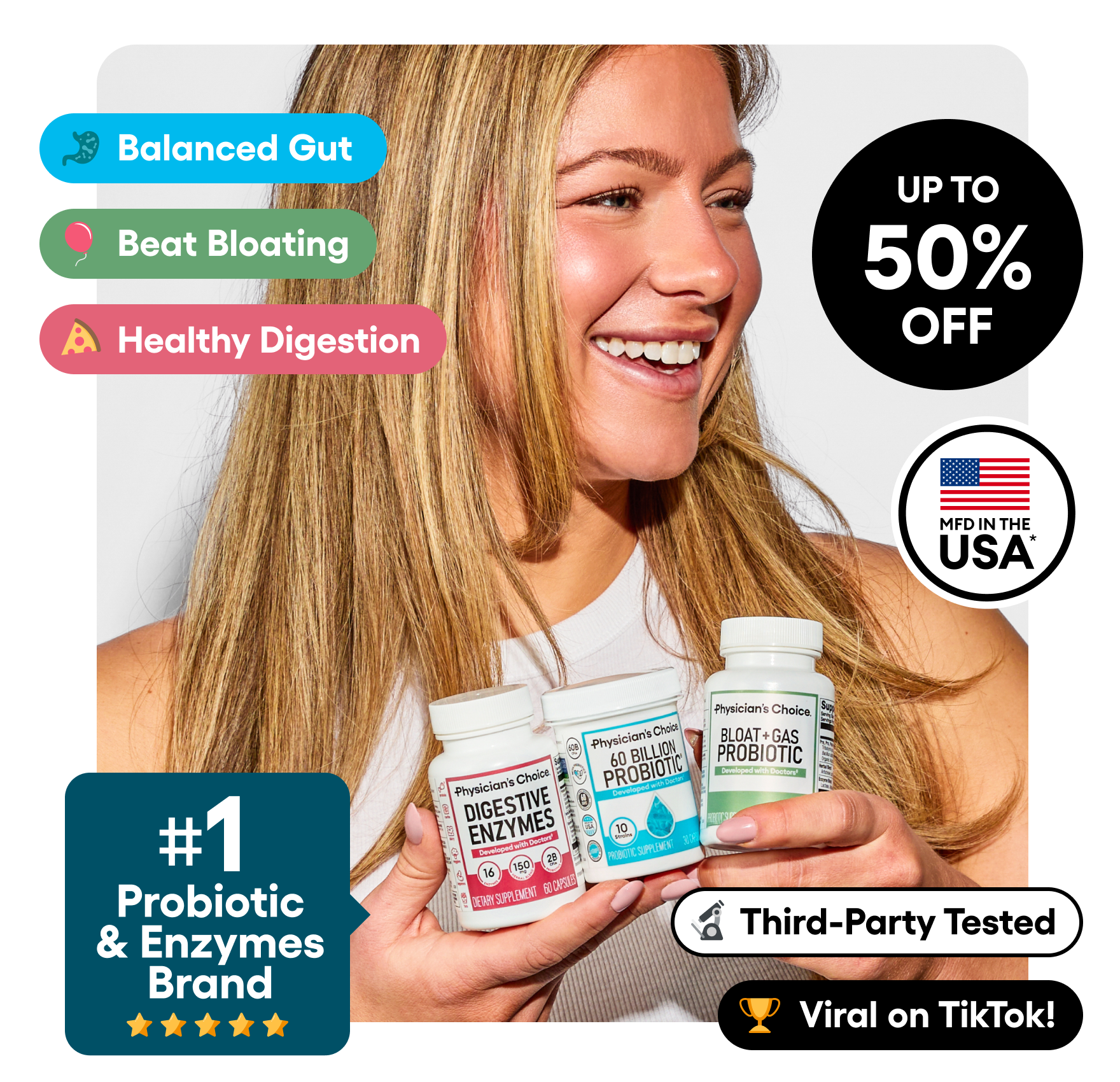 Three bottles of Physician's Choice digestive health supplements against a white background with promotional badges.