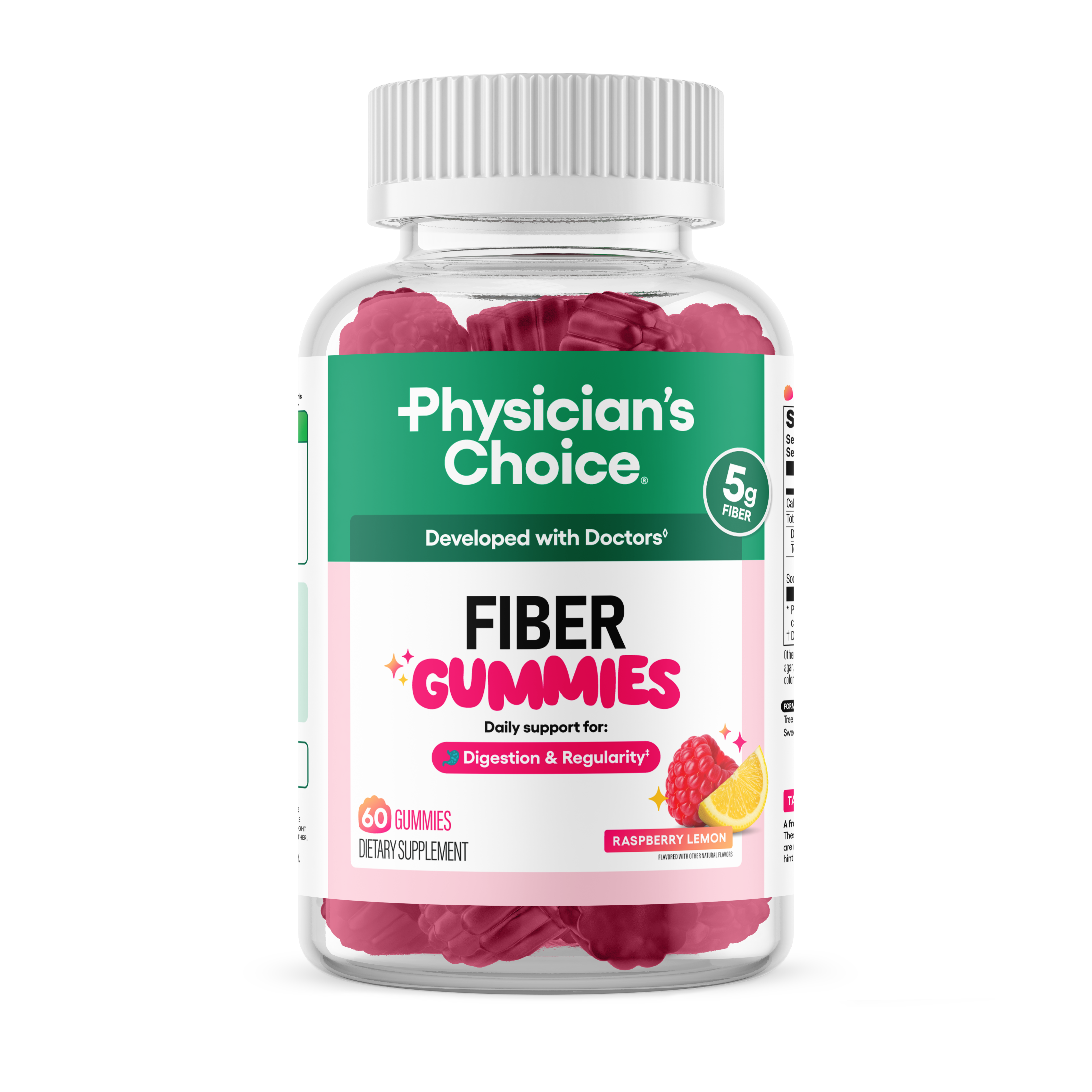 A bottle of Physician's Choice Fiber Gummies, raspberry lemon flavor, against a dark green background.