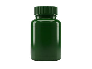 A blank, dark green plastic bottle with a ribbed screw-on cap against a black background.