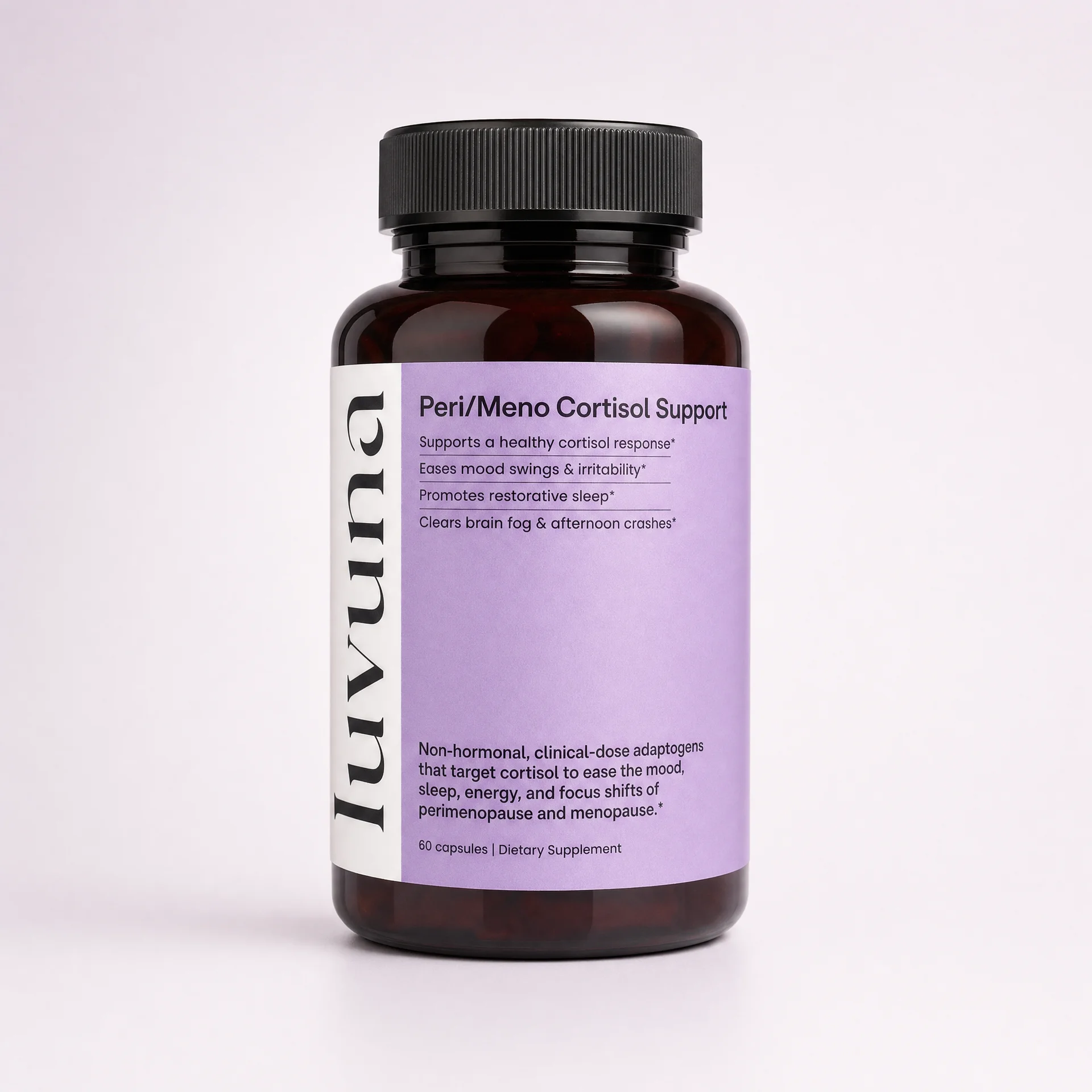 A brown bottle of luvuna Peri/Meno Cortisol Support dietary supplement against a plain white background.